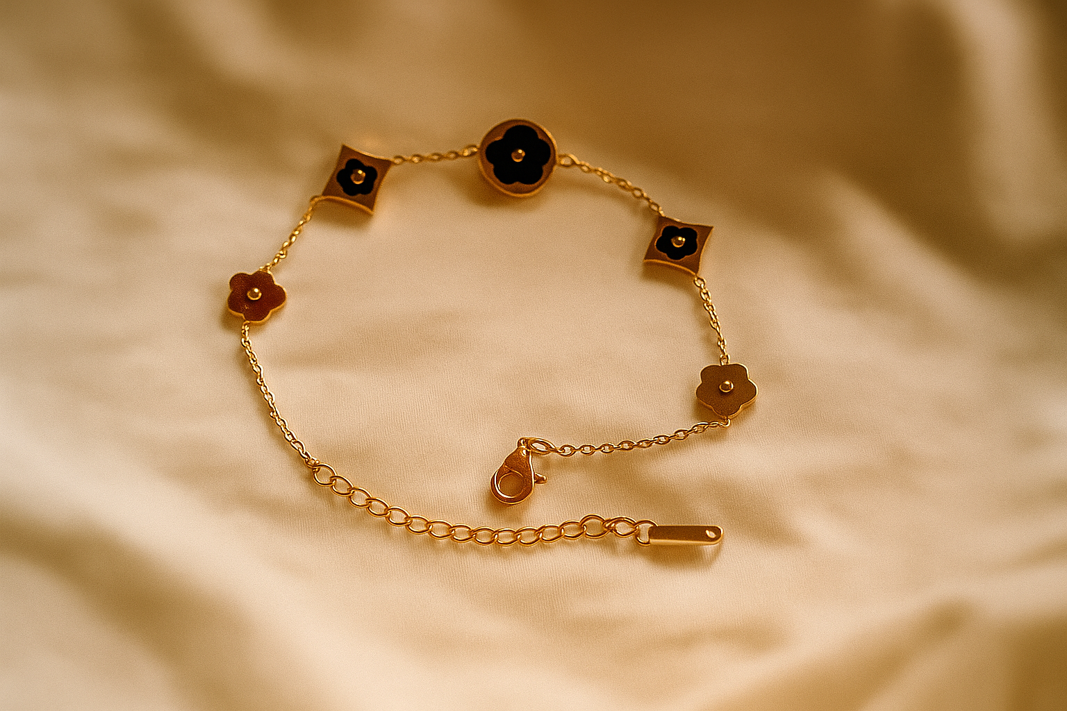 anti tarnish Gold bracelet with black floral accents 